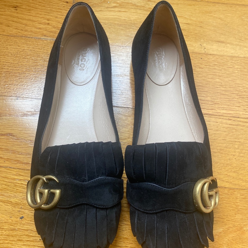 Gucci Black Suede GG Marmont Fringed Ballet Flats Shoes SZ 38.5
